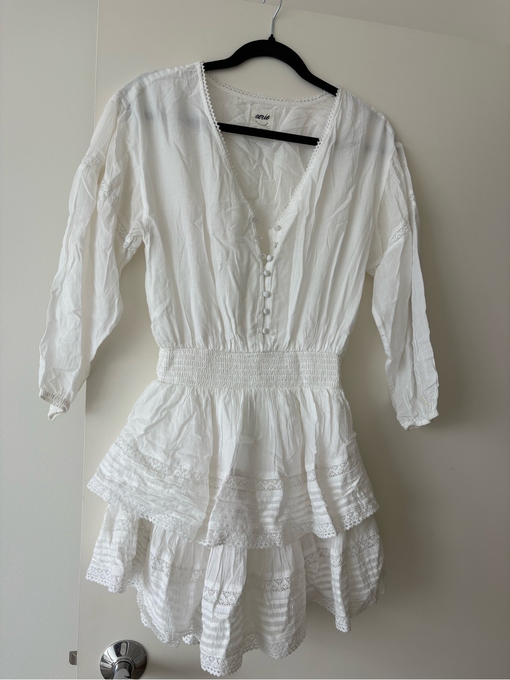 aerie White Tiered Smocked-Waist Mini Dress